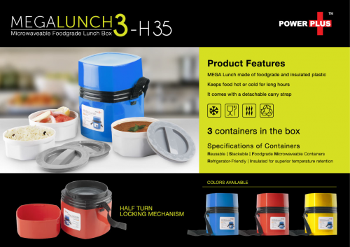 Power Plus Mega Lunch Box (Microwaveable)- 3 Box-H35