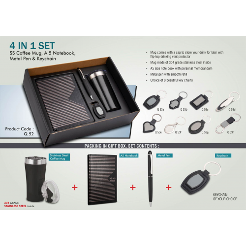 4 in 1 set: Tall sipper mug in 304 steel, Metal pen, A5 notebook and Keychain - Q52