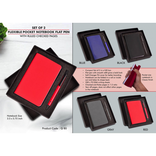 Set Of 2: Flexible Pocket A6 Notebook With Ruled & Checked Pages With Flat Pen - Q80