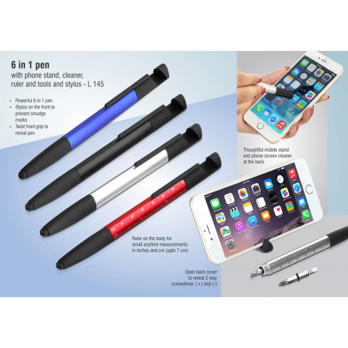 6 in 1 pen with phone stand, cleaner, ruler and tools and stylus - L145